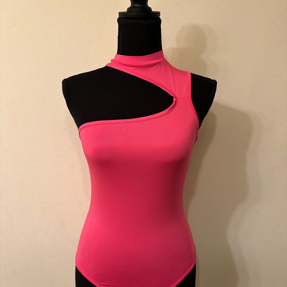 Asymmetrical Neon Pink Bodysuit with Cut Out Design